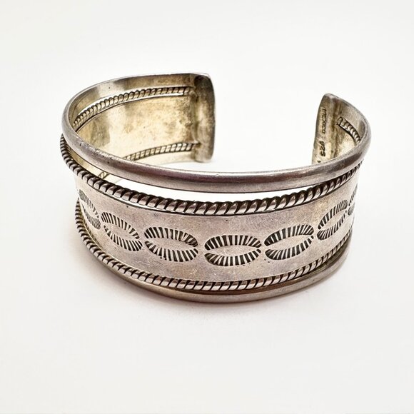 VTG Solid Sterling Silver 925 Etched Textured Open Cuff Bracelet Size 7.5" Fit - Picture 5 of 13